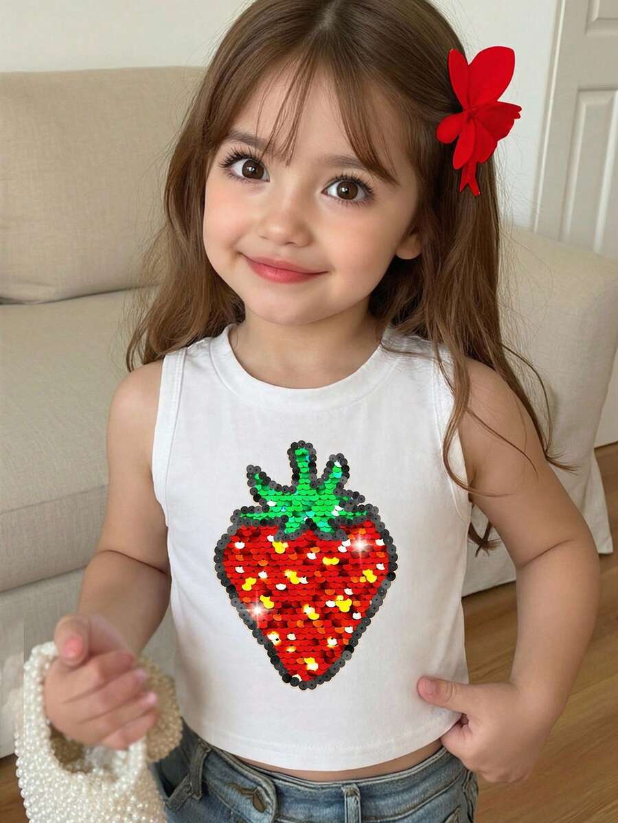 SHEIN Young Girl Casual Cute Sweet Textured Strawberry Pattern Sleeveless Round Neck Tank Top, Cream White, Vacation Vibe, Summer Fruit, Suitable For Summer, Vacation, Daily Wear, Valentine's Day - Multicolor - View 1