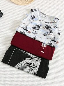 Bộ 3 món áo thun ba lỗ dáng rộng in hình cây cọ phong cách thường ngày cho bé trai tuổi teen, thích hợp đi học, nghỉ lễ, mùa xuân và mùa hè. - Đỏ - Xem 5