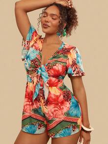 Travachic Plus Size Women Casual Vacation Beach Waist Pleated Tropical Floral Print Romper Shorts Women's Summer Co Ord Women's Summer 2 Pieces Sets Women's Summer Outfits Women's Floral Two Pieces Women's Beach Outfits - Multicolor - View 3