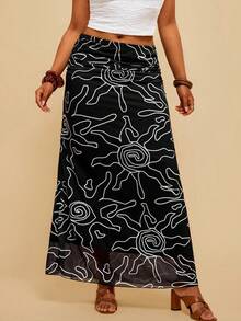 Travachic 大码休闲波西米亚复古西部风佩斯利花纹腰果花印花百搭棕色针织半身裙，适合秋冬季穿着。 - 黑色 - 查看 3