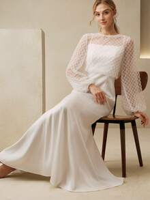 Anewsta 2026新款奢华鸡尾酒会、婚礼季、舞会礼服，优雅闪亮的白色珍珠点缀缎面美人鱼款正式礼服，泡泡袖设计，凸显身材，拉长身形。 - 白色 - 查看 2