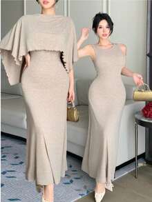 DAZY Taupe Summer Elegant Tea Party 2-Piece Set,Shawl Collar Crop Top T-Shirt & Camisole Dress,Fitted,Wedding,Valentine's Day,Formal Occasion,Office Wear - Camel - View 4