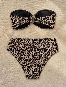SHEIN VCAY 女士豹纹抹胸无肩带比基尼泳衣套装，适合夏季海滩度假、夏季服装、情人节、女士度假装、女士海滩装、节日、浪漫、波西米亚风、甜美、锐舞节装、热带度假女士服装、嘉年华、女士泳装、女士泳衣、抹胸上衣 - 彩色 - 查看 2