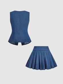 SHEIN MOD Women's Fashion Camisole & Pleated Denim Skirt Set - Blue - View 2