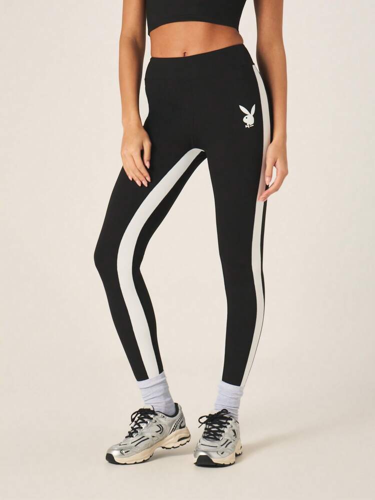 Missguided x Playboy Women's High-Waisted Athletic Side Stripe Leggings With Logo Print Black White Sporty Exercise Pants