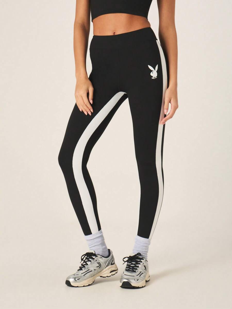 Missguided x Playboy Quần legging thể thao cạp cao dành cho nữ, có sọc bên hông và in logo, màu đen trắng, thích hợp cho tập luyện. - Đen và trắng - Xem 1