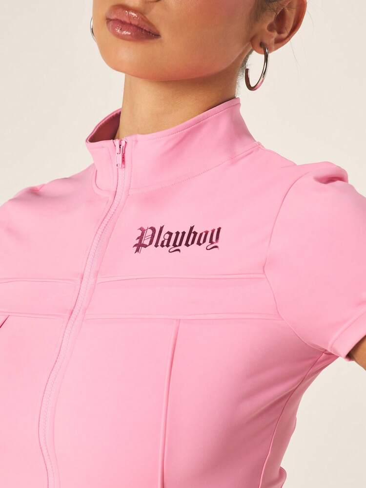 Missguided x Playboy Women's Pink High Neck Zip Up Crop Athletic Top With Short Sleeves And Branded Logo For Active Wear Training Gym Sports