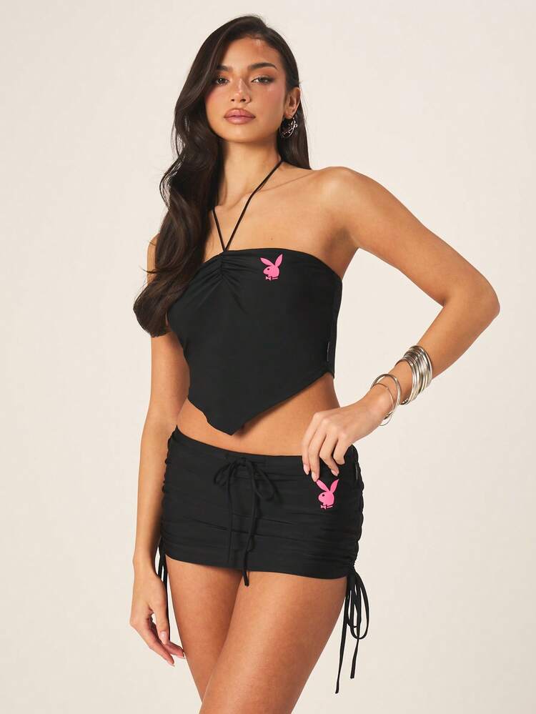 Missguided x Playboy Women's Strapless Bandeau Top With Ruched Front Detail And Halter Neck Tie For Summer Beach Club Wear Casual Cropped Style