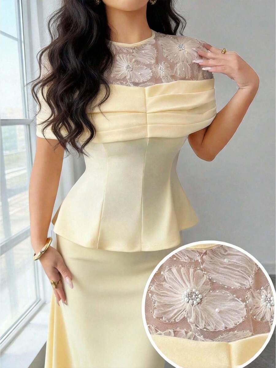 Modelyn 女士时尚优雅腰部串珠装饰圆领上衣 - 淡黃色 - 查看 1