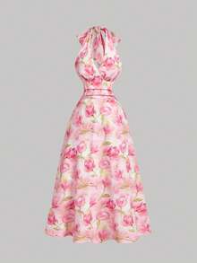 SHEIN MOD 女士时尚印花露背系带中长连衣裙 - 粉色 - 查看 5