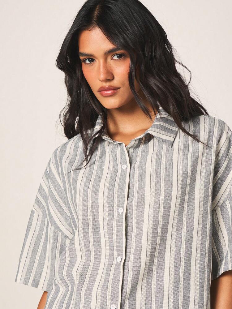 MISSGUIDED Oversized Striped Button Down Shirt And Wide Leg Trouser Two Piece Set For Casual Summer Loungewear