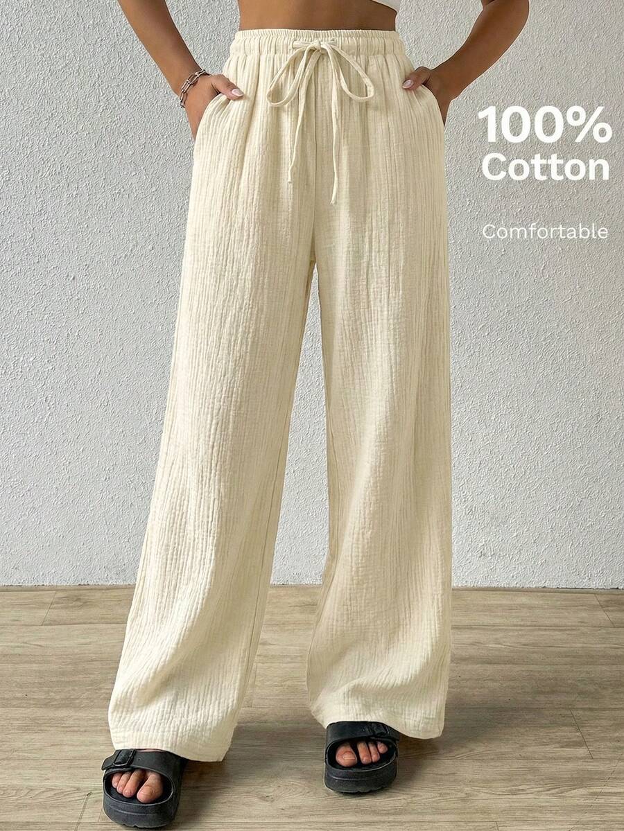 SHEIN EZwear 女士纯色抽绳腰带口袋休闲百搭阔腿裤，适合日常穿着 - 奶油色 - 查看 1