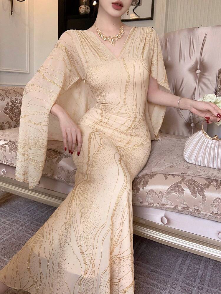 Spring & Summer Shiny Gold Cape-Style Flare Sleeve Dress, Elegant For Valentine's Day, Wedding, Party, Banquet, Fashion Event, Commute, Floral Print Mermaid Maxi Dress With Long Sleeves For Women Sundress