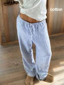 CovetEZ 女士条纹印花打结休闲宽松裤 - 藍色 - 查看 6