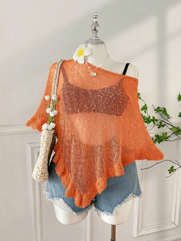 SHEIN EZwear Poncho de verano talla grande, cuello asimétrico de ganchillo casual con volantes en el bajo, semitransparente, color naranja