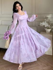 DAZY Women's Elegant Floral Print Square Collar Petal Sleeve Mid-Length Dress, Spring/Summer,Wedding Guest Dress Women - Mauve Purple - View 6