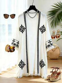 GlowEve Women's Floral Pattern Fringe Loose Open Front Regular Jacket - Multicolor - View 3