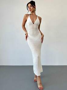 Firerie Women's Sexy Spaghetti Strap V-Neck Hollow Out Wooden Bead Fitted Knit Dress, Vacation Spaghetti Strap Backless Ombre Dress For Holiday, Date, Afternoon Tea, Music Festival, Boho - White - View 6