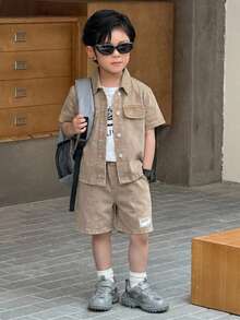 Bộ 2 món áo sơ mi và quần short denim kaki cho bé trai - Màu Khaki - Xem 6