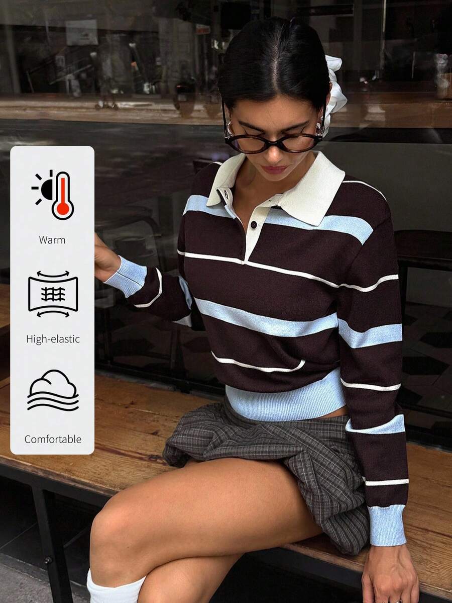 Aloruh 女式秋冬学院风马球领撞色条纹棕蓝宽松针织毛衣