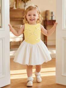 Souflis Souflis Baby Girl Patchwork Round Neck Bow Decor Ruffle Fashion Party Dress - Yellow - View 5