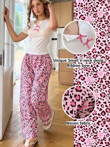 SHEIN 泡泡褶皱豹纹长裤和罗纹短袖上衣女士睡衣性感家居服套装 - 粉色 - 查看 2