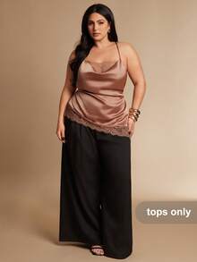 SHEIN BAE Regata Elegante de Cor Sólida com Renda Assimétrica em Contraste, Plus Size - Champanhe - Visão 3