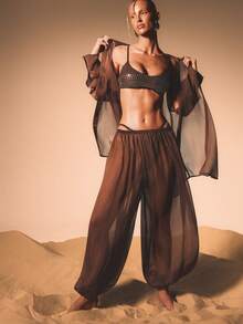 KIZN Women's Chiffon Balloon Trouser High Waisted Wide Leg Palazzo Pants With Elastic Gathered Ankles Fall Winter Flowy Lounge Bottoms - Brown - View 1