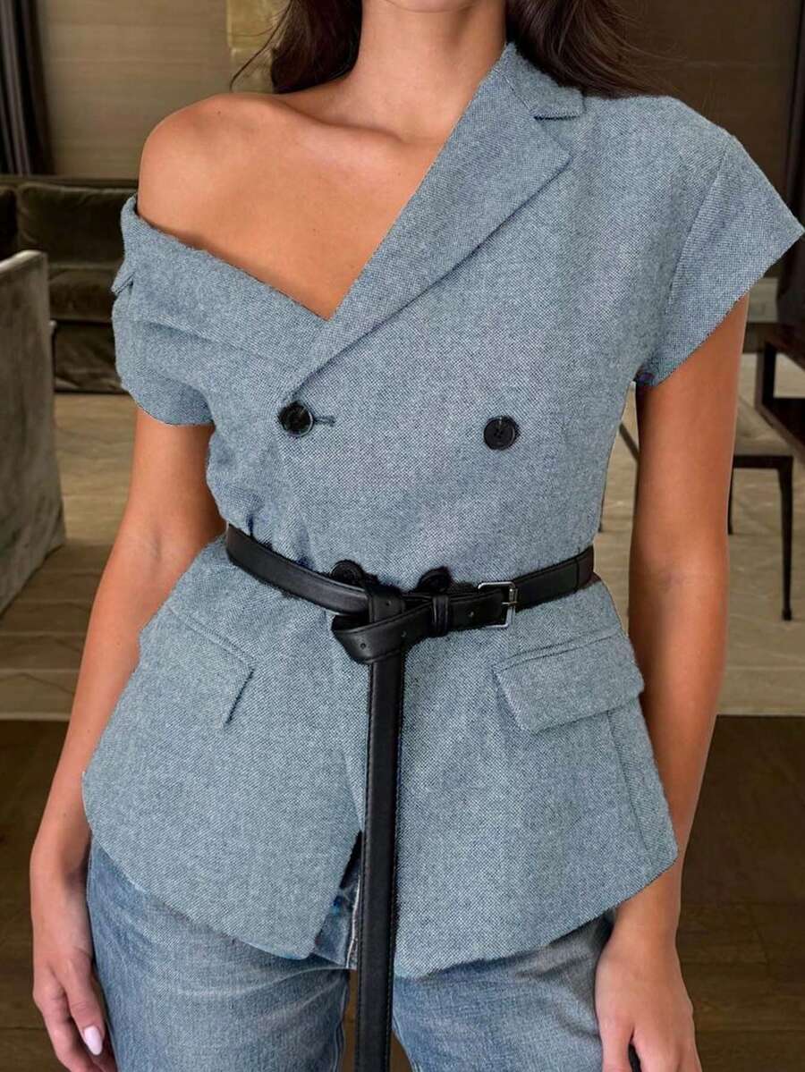 Siren Gaze Women's Solid Color Double-Breasted Asymmetric Collar Fashion Shirt Elegant Wrap Tops For Women - Grey - View 1