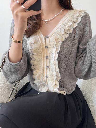 FRIFUL Women's Contrast Color Patchwork Sheer Lace Loose Casual Cardigan, Suitable For Spring And Summer