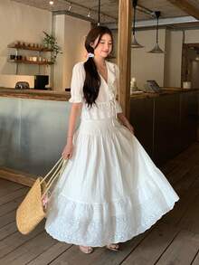 DAZY Bộ đồ nữ 2 mảnh gồm áo và chân váy xếp ly thắt nơ màu trơn, phong cách boho mùa xuân/hè. - trắng - Xem 7