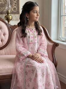 SHEIN 少女优雅奢华长裙，黑金配色，搭配金色缎带网纱开衫，两件套 - 藍色 - 查看 10