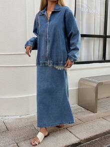 DAZY Women's Collared Zip-Up Long Sleeve Top And Denim Skirt Casual Outfit - Blue - View 6