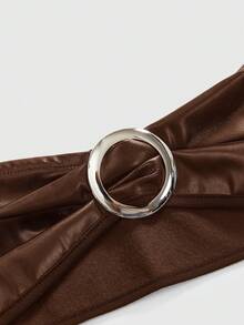 ROMWE Avant 女士复古辣妹风PU低腰装饰垂褶领带露脐上衣和迷你紧身短裤两件套 - 棕色 - 查看 5