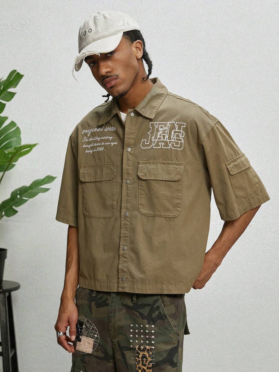 GALLERY FADE Men's Casual Street Style Embroidered Pocket Military Green Denim Short Sleeve Shirt - Army Green - View 1