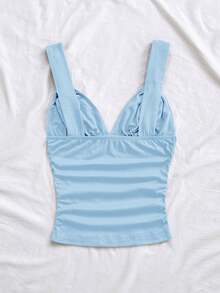 Soleia 休闲浪漫度假纯色扭褶红色吊带背心，适合圣诞节、情人节和新年等场合。 - 淺藍色 - 查看 2