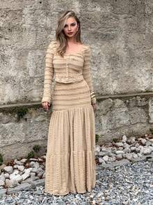 Jeta Ari 女式粉色纹理面料休闲度假风格长袖方领纽扣上衣和超长 A 字裙两件套，秋季 - 卡其色 - 查看 1