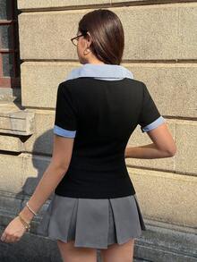 MainGRL 女士休闲撞色条纹拼接衬衫，夏季 - 黑色 - 查看 2