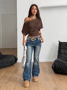 Coolane Camiseta esencial de uso diario con cuello asimétrico y cintura ceñida, apta para todo el año, para conciertos y raves con estilo Y2K para mujeres - Multicolor - Ver 4