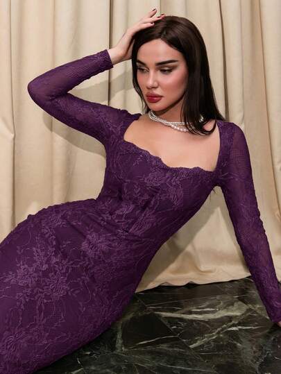 Bris Aura 女士秋冬新款性感S形蕾丝长袖紧身胸衣方领修身长裙，适合派对、约会、晚会