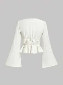 SHEIN MOD Blusa de mujer con mangas acampanadas y nudo delantero en blanco, disfraz calado, top de pirata vintage, ropa hippie, blusas para salir con protección UV - Blanco - Ver 3