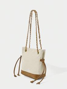 SHECARRY Ladies Exquisite Vacation Shoulder Bag, Fashion Chain Bag Commuter Shoulder Crossbody Stray Bucket Bag - Brown Beige Canvas + Brown PU - View 2