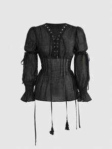 ROMWE Goth 哥特式暗黑宫廷风格透明系带修身女式衬衫 - 黑色 - 查看 8