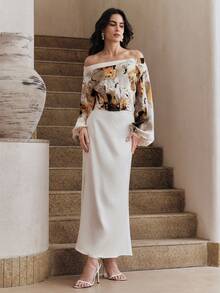 Anewsta 女士优雅高端法式独特钥匙孔领收腰露肩印花长袖衬衫，适合派对、度假、夏季穿着 - 黃色 - 查看 2