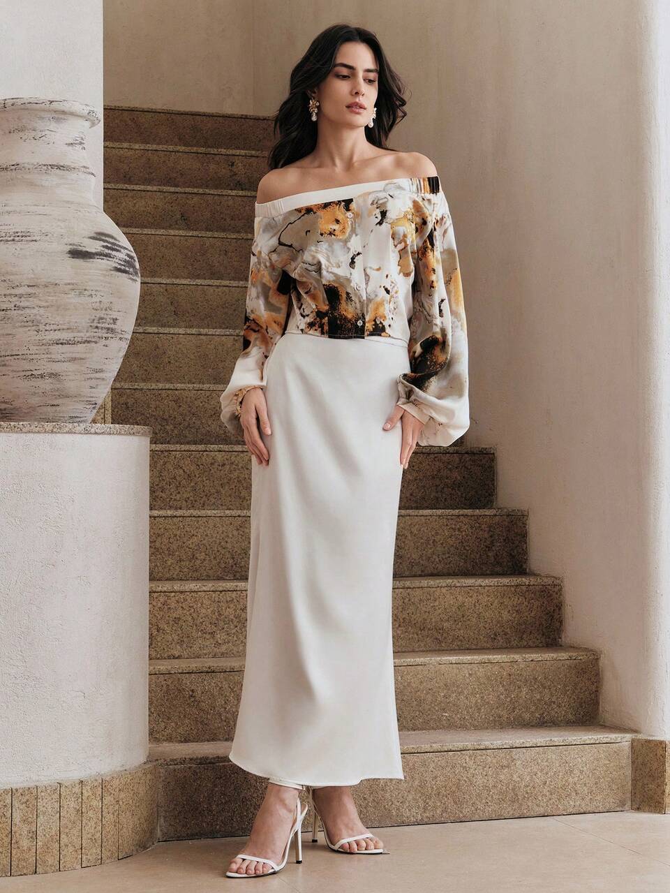 Anewsta Women's Elegant French Beige Floral Print Off-Shoulder Blouse,Unique Keyhole Collar Cinched Waist Long Sleeve Shirt For Autumn Brunch Party