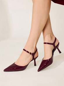 CUCCOO CHICEST 7.2cm Pointed Toe Buckle Strap Pumps, Glossy Leather High Heels, Commuting Style, Multiple Colors, Suitable For Daily Wear And Dates Elegant Shoes Wedding Shoes Summer Shoes Bride Shoes - Burgundy - View 6