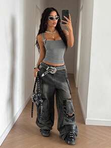 StreetHx Tall Áo tank top dệt kim màu xám thời trang dành cho nữ, có họa tiết lỗ - Xám - Xem 6