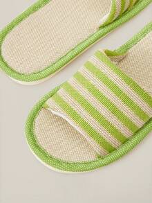 Cuccoo Women Shoes Spring And Autumn Soft-Soled Sweat-Absorbing Open-Toed Flat-Bottomed Slippers, Fresh Green Striped Linen Drag, Hemming Design, Breathable Upper, Four-Season Silent Slippers - Mint Green - View 5