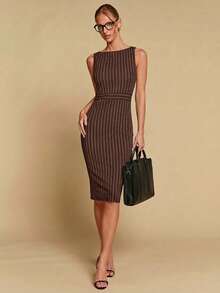 COSMINA 女士优雅条纹收腰中长连衣裙，百搭实用，适合办公室、通勤和日常穿着，四季皆宜，是女士职业装、办公室工作服、女士工作套装、条纹连衣裙、办公室连衣裙的理想之选。 - 咖啡 - 查看 1