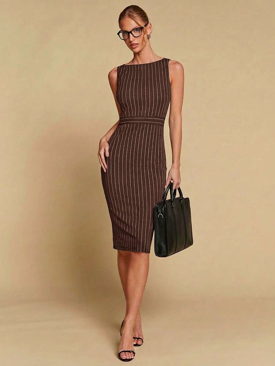 COSMINA 女士优雅条纹收腰中长连衣裙，百搭实用，适合办公室、通勤和日常穿着，四季皆宜，是女士职业装、办公室工作服、女士工作套装、条纹连衣裙、办公室连衣裙的理想之选。 - 咖啡 - 查看 1